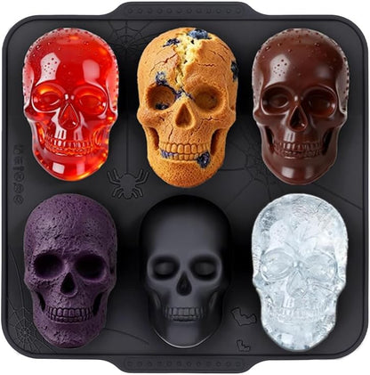 Silicone Skull Cake Pan with Metal Framed - 6 Cavity Skull Baking Pan & Silicone Mold for Halloween Parties & Baking Fun | Food-Safe Non-Stick Ice Cube Tray, Cupcake Maker
