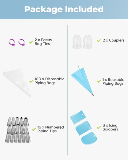 Kootek 124 Icing Piping Bags and Tips Set Frosting Cake Decorating Kit Blue