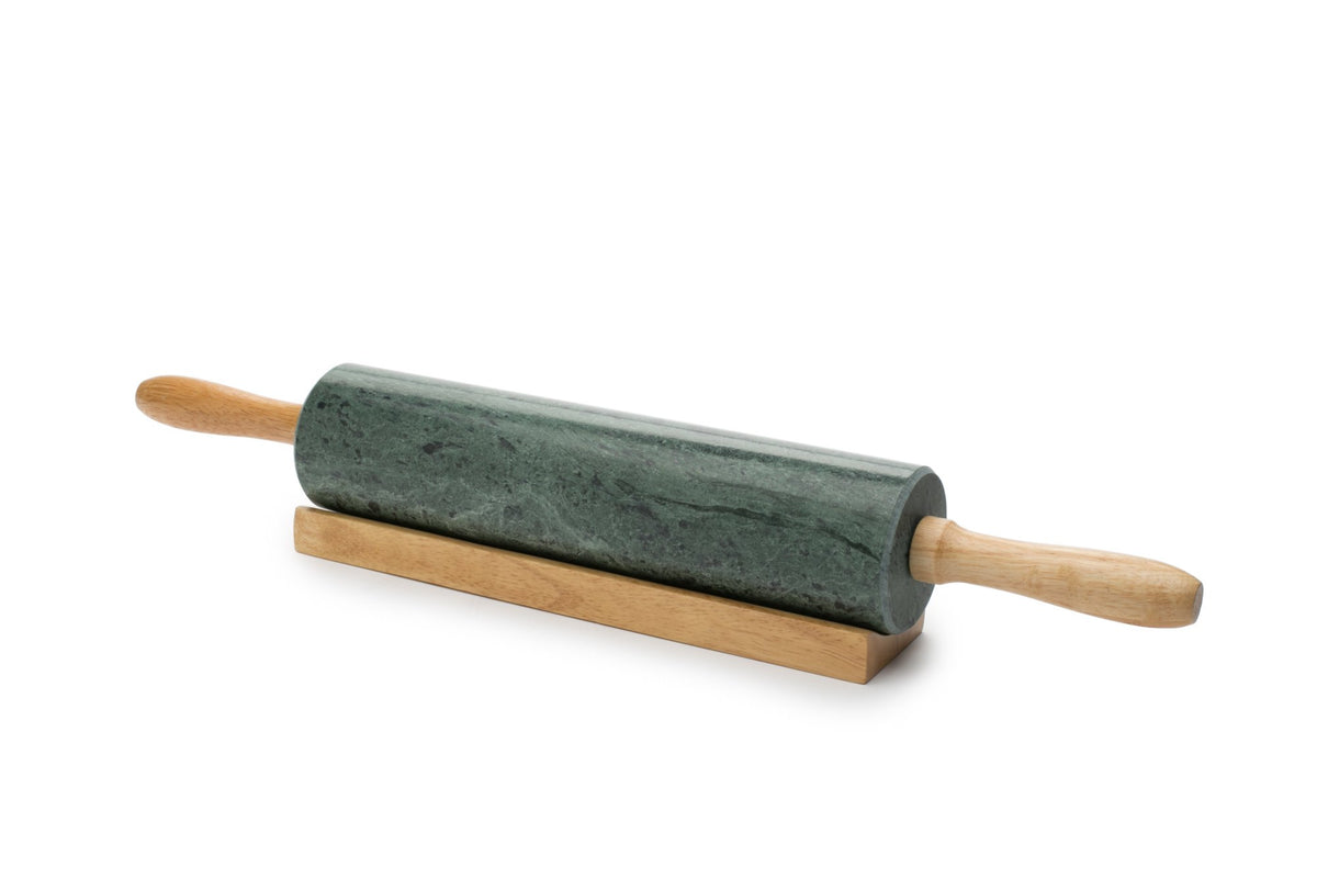 Fox Run Polished Marble Rolling Pin with Wooden Cradle, 10-Inch Barrel, White