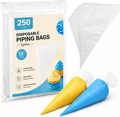 250 Pcs Disposable Piping Bags 12 Inch, Tipless Icing Piping Bags Non-Slip Anti Burst Disposable Pastry Bags for Cream Frosting, Cakes, Chocolate, Cupcakes and Cookies Decoration Supplies