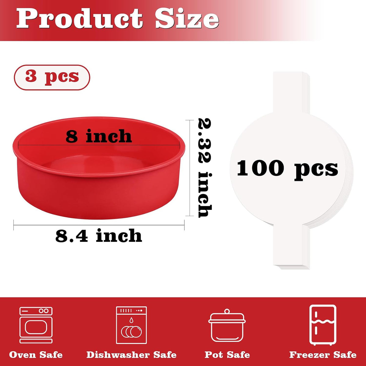HUAKENER 8 Inch Round Cake Pan,3Pcs Silicone Cake Mold with Parchment Paper