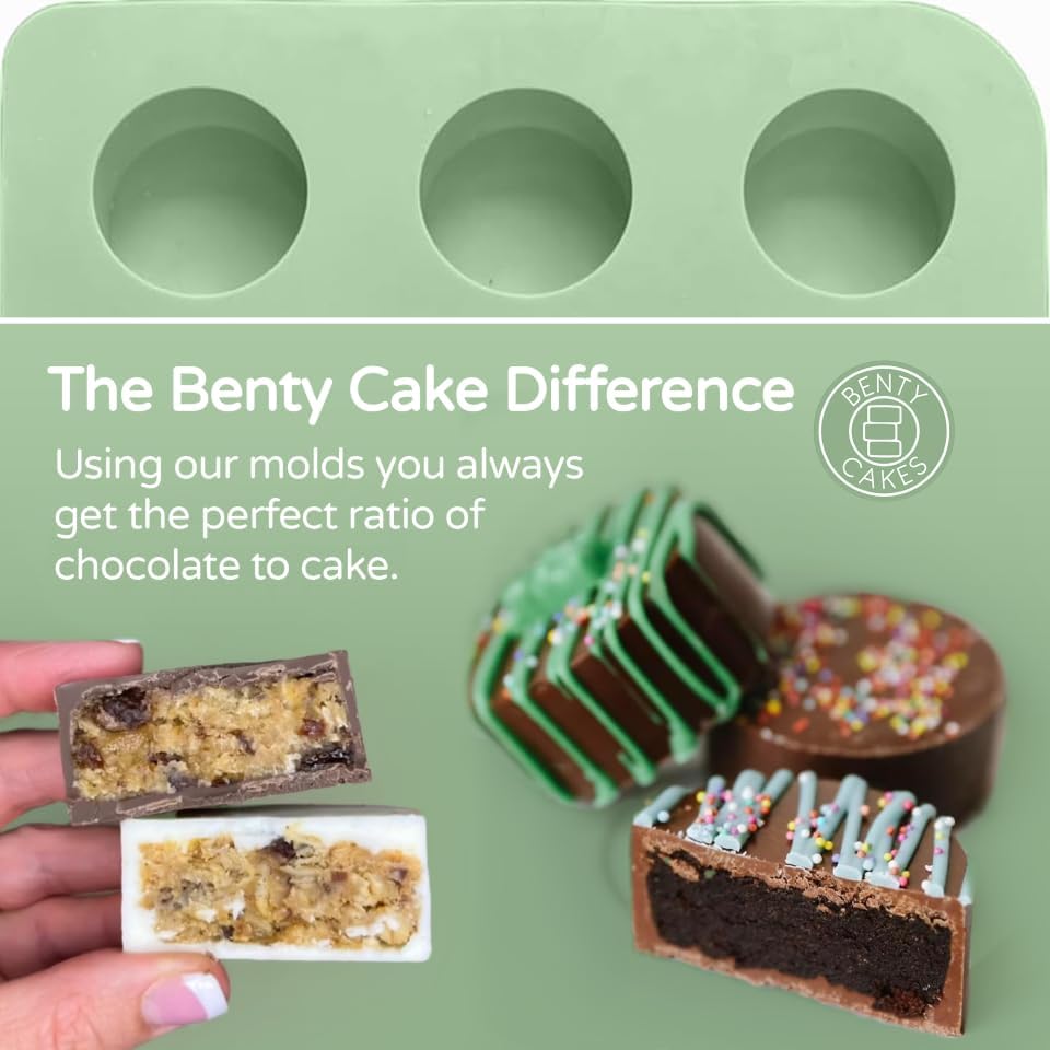 Benty Cakes – The Original Cake Puck Mold Set – Better than a Cake Pop! Make Chocolate Covered Desserts – BPA Free Silicone – Includes 1 Mold Set, 1 Plastic Tray and 1 Scraper – Green