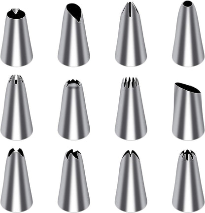 Tamodan Piping Bags and Tips, Cake Piping Bags and Tips Suitable for Beginners Included 100PCS 16 Inch Disposable Piping Bags with 12 Piping Tips Set, 2 Coupler and 1 Reusable Pastry Bags