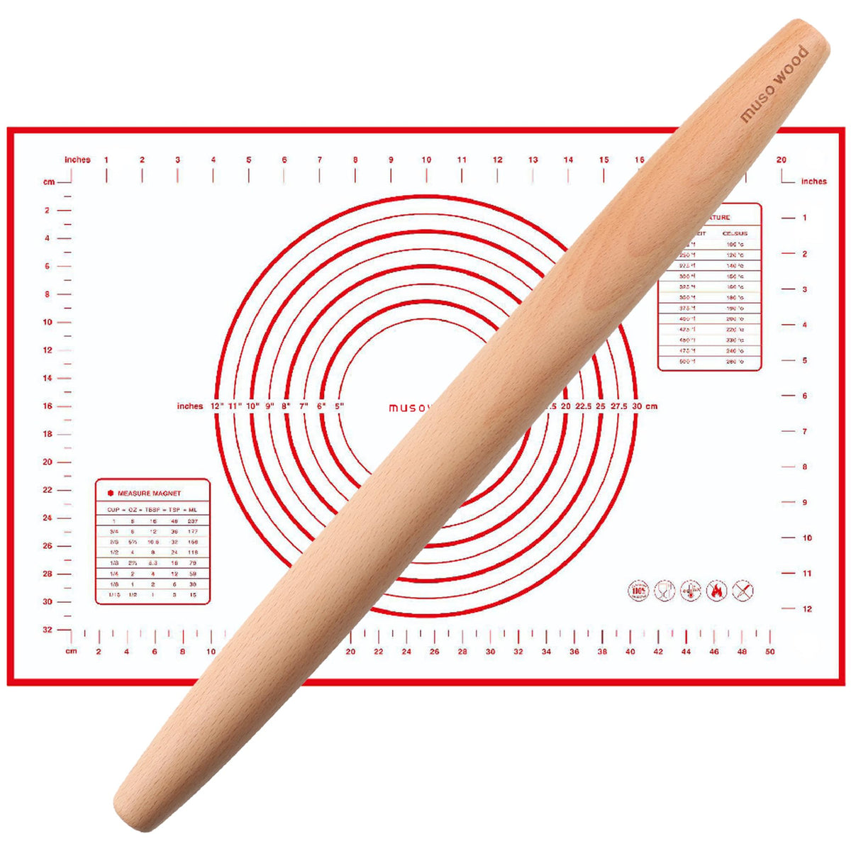 muso wood Wooden Rolling Pin for Baking, Beech Wood Tapered Rolling Pin