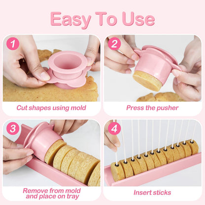 Round Cake Pop Mold Set with 50PCS Sticks Bags Ties,1.75 Inch Cake Pop Cutter and Pusher,Dishwasher Safe Baking Molds for Birthday Wedding Kids Party Desserts-Pink