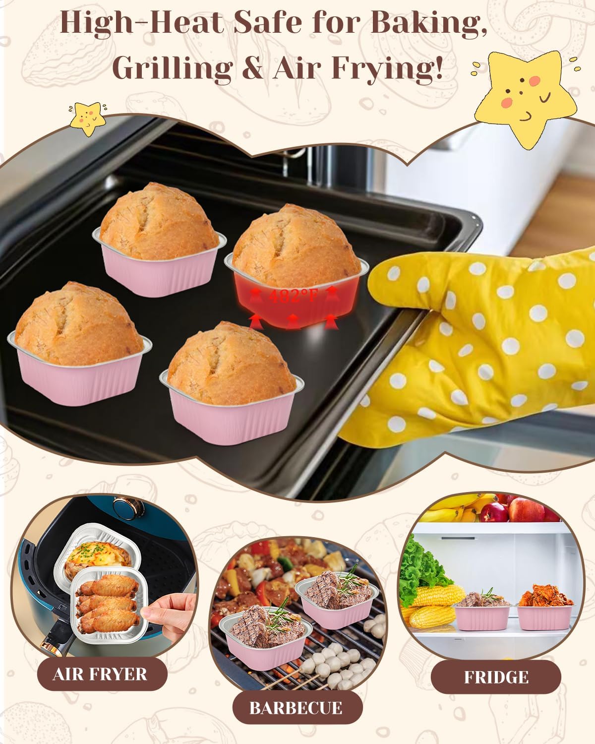 YQER 60 Pack 10oz Mini Cake Pans with Lids, Spoons, Stickers - Disposable Square Brownie Baking Cups - Individual Small Aluminum Foil Loaf Tins for Muffin, Ramekins, Cupcake - Catering, Gift, Pink