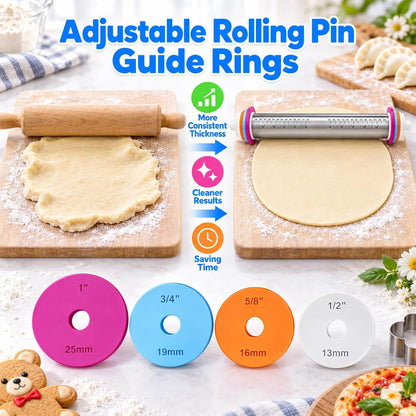 4 Pack Rolling Pin Guide Rings, Dough Thickness Spacer Guides, 0.75" Center Hole, 4 Sizes Metric & Imperial Baking Accessories, Compatible with Adjustable Rolling Pins