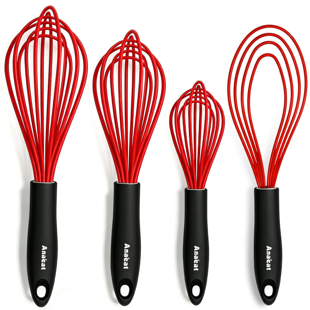 Anaeat Silicone Whisk, Thick Stainless Steel Wire Inner - Heat Resistant Kitchen Whisks for Non-Stick Cookware, Balloon Egg Beater for Whisking, Blending, Beating, Frothing & Stirring (Red)