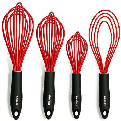 Anaeat Silicone Whisk, Thick Stainless Steel Wire Inner - Heat Resistant Kitchen Whisks for Non-Stick Cookware, Balloon Egg Beater for Whisking, Blending, Beating, Frothing & Stirring (Red)