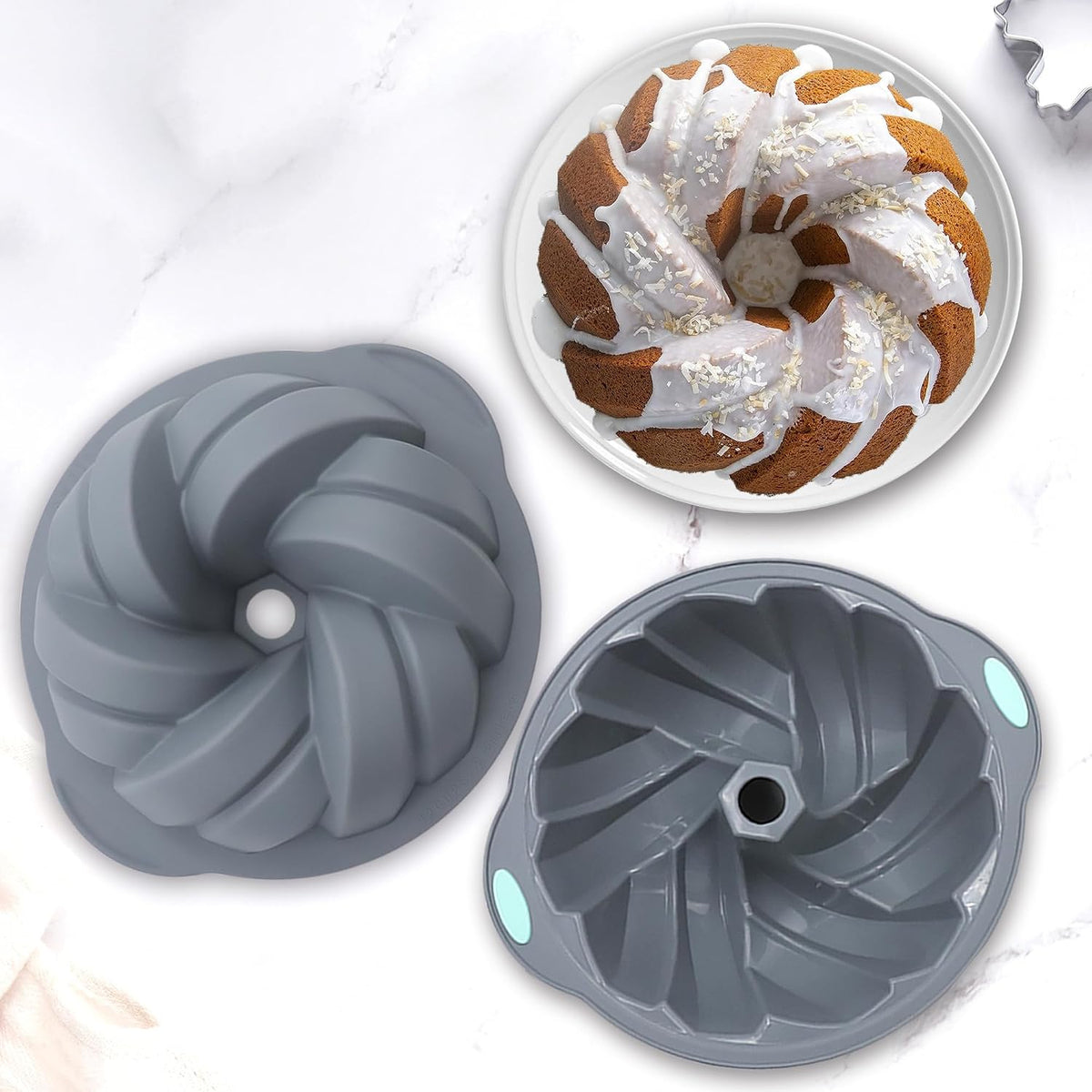 Tongjude 4 Pieces Silicone Fluted Cake Pans, 6/7/8 Cups Tube Baking Pan, Non-Stick Kitchen Oven Baking Pans, Silicone Molds for Homemade Cake, Bread and Jello, Grey