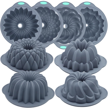 Tongjude 4 Pieces Silicone Fluted Cake Pans, 6/7/8 Cups Tube Baking Pan, Non-Stick Kitchen Oven Baking Pans, Silicone Molds for Homemade Cake, Bread and Jello, Grey