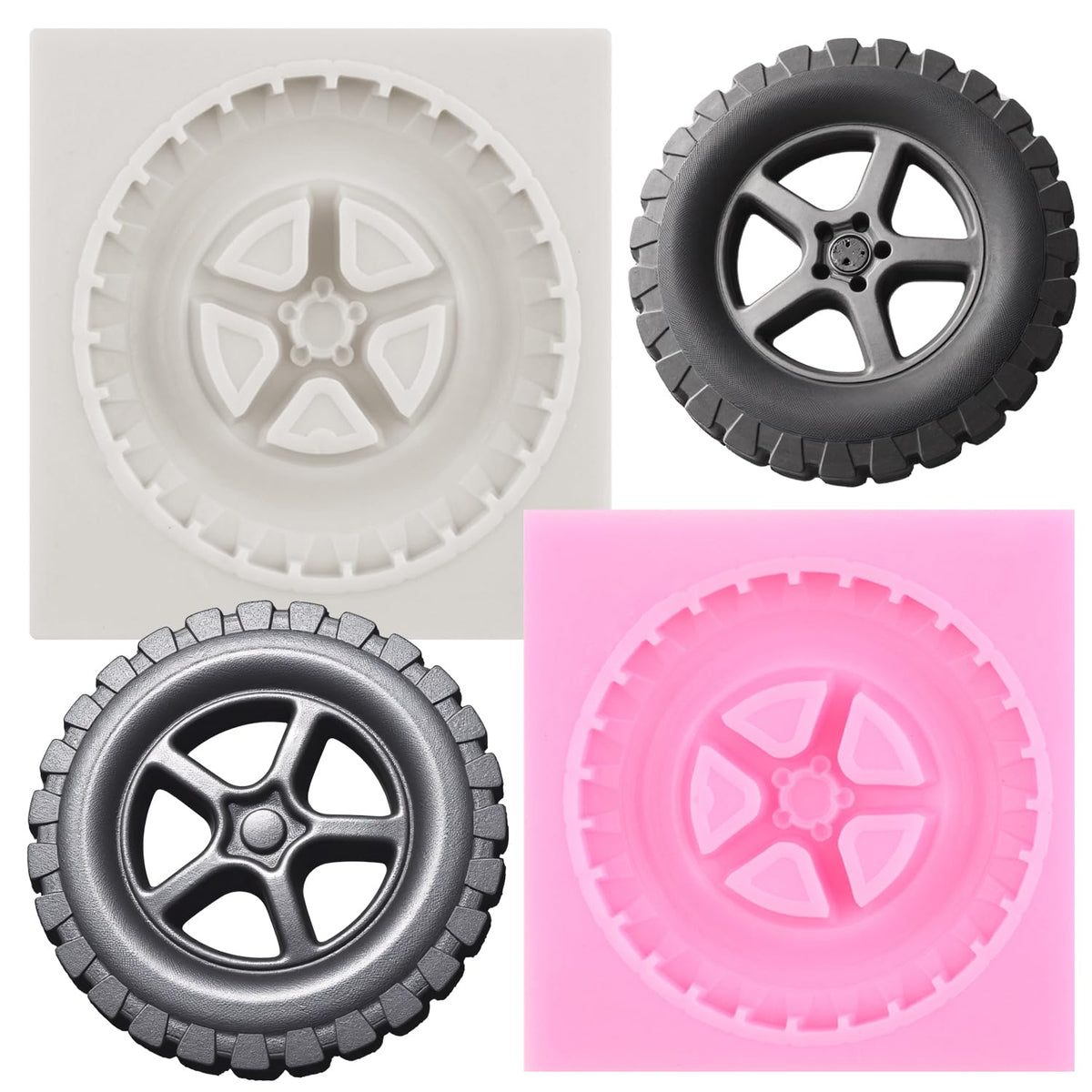 3D Round Tire Fondant Mold Truck Wheel Silicone Molds Set Of 2