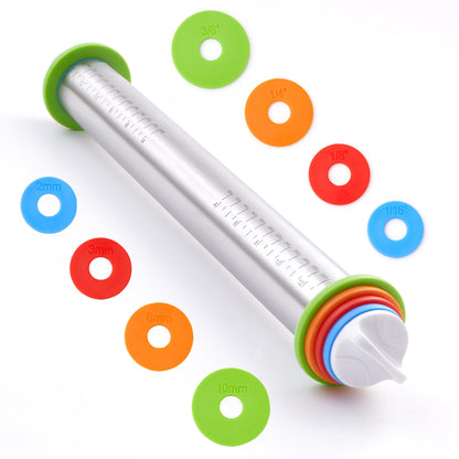 Rolling Pin with Thickness Rings, Fulimax 17" Adjustable Stainless Steel Rolling Pins for Baking, Dough Roller for Fondant Pizza, Pie, Pasta, Cookies, Cakes, Kitchen Baking Supplies