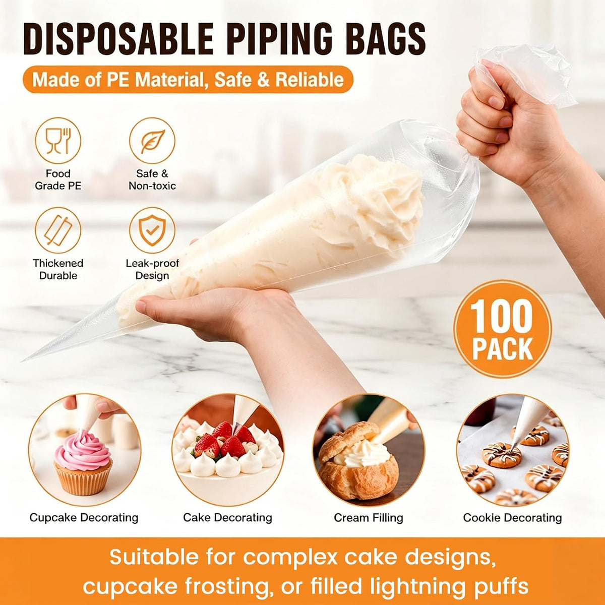 24'' Extra Large Piping Bags Disposable, 100 Pcs Thickened Piping Bags