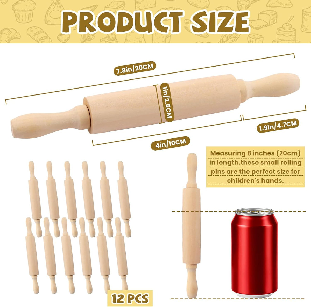 12 Pack 8 Inch Mini Wood Rolling Pin,Great for Children Kids Girls and Boys,Small Wooden Rollers for Art and Crafting,Baking,Cookie Dough,Cooking,Clay,Play Doh