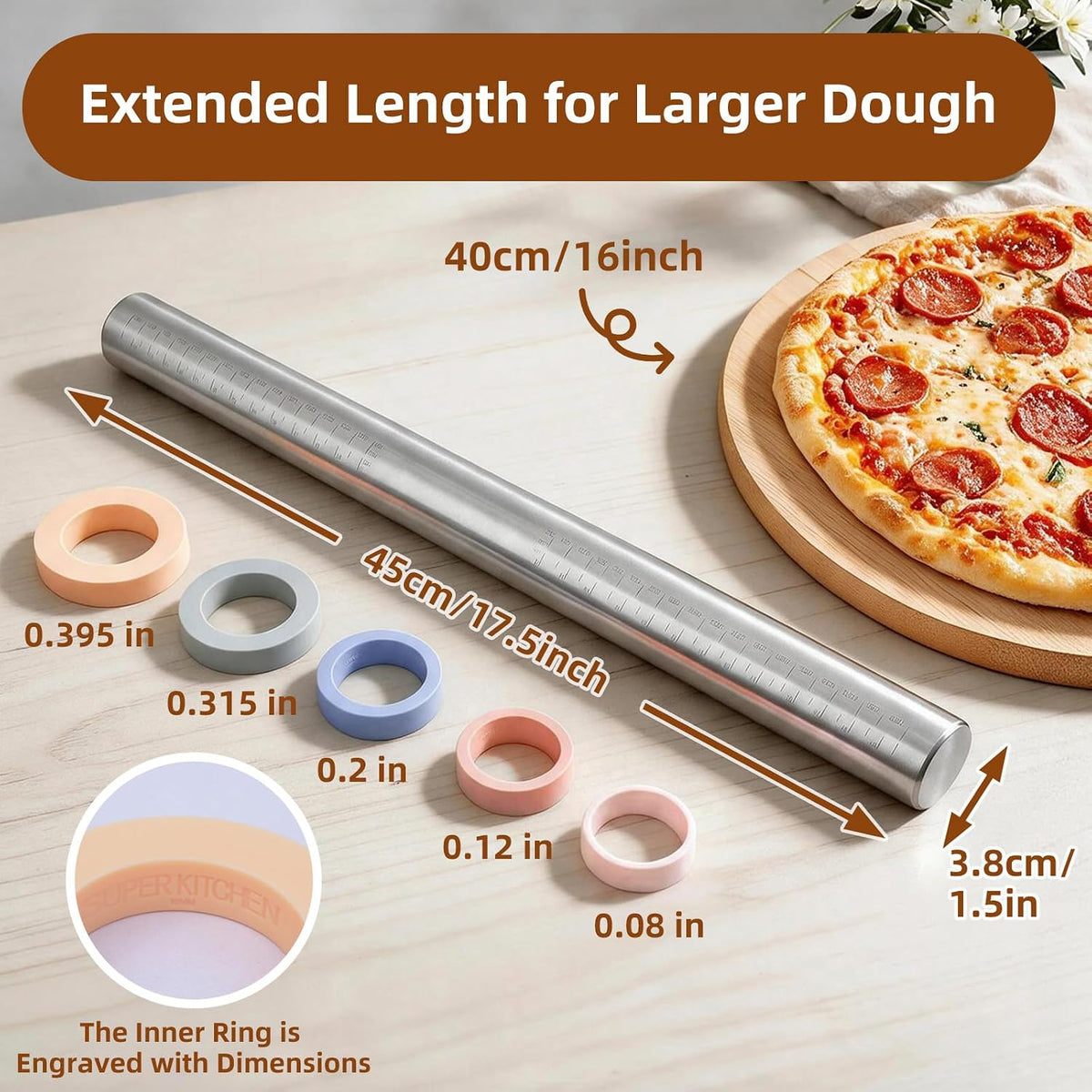 Rolling Pin with Thickness Rings for Baking: Dough Roller for Cake Pop