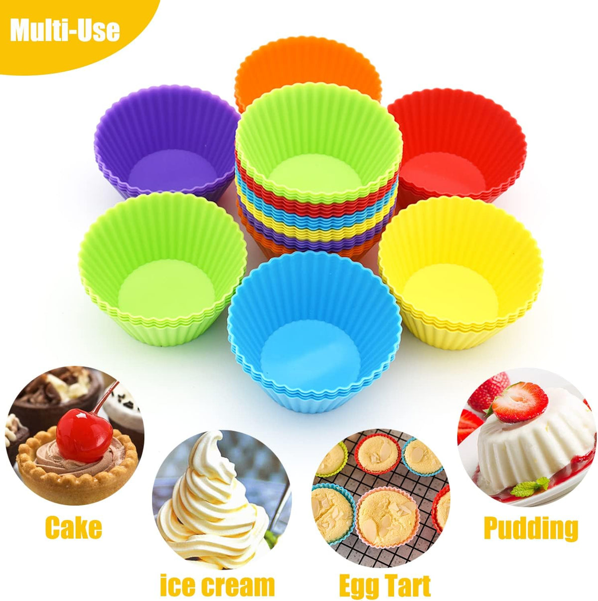 24 Pack Silicone Baking Cups, Reusable Cupcake Liners Molds, Multicolor
