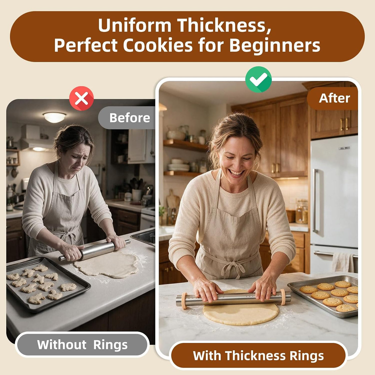 Rolling Pin with Thickness Rings for Baking: Dough Roller for Cake Pop