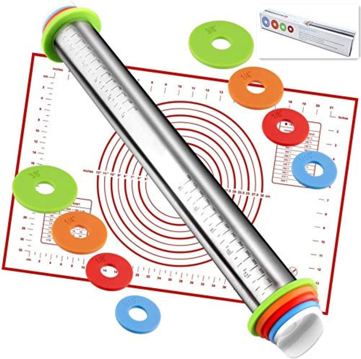 Adjustable Rolling Pin With Thickness Rings&Silicone Baking Pastry Mat Set