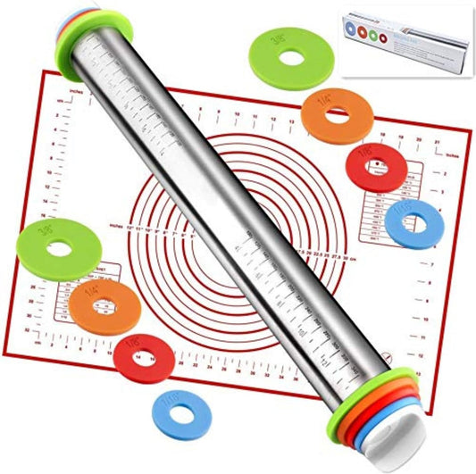 Adjustable Rolling Pin With Thickness Rings&Silicone Baking Pastry Mat Set