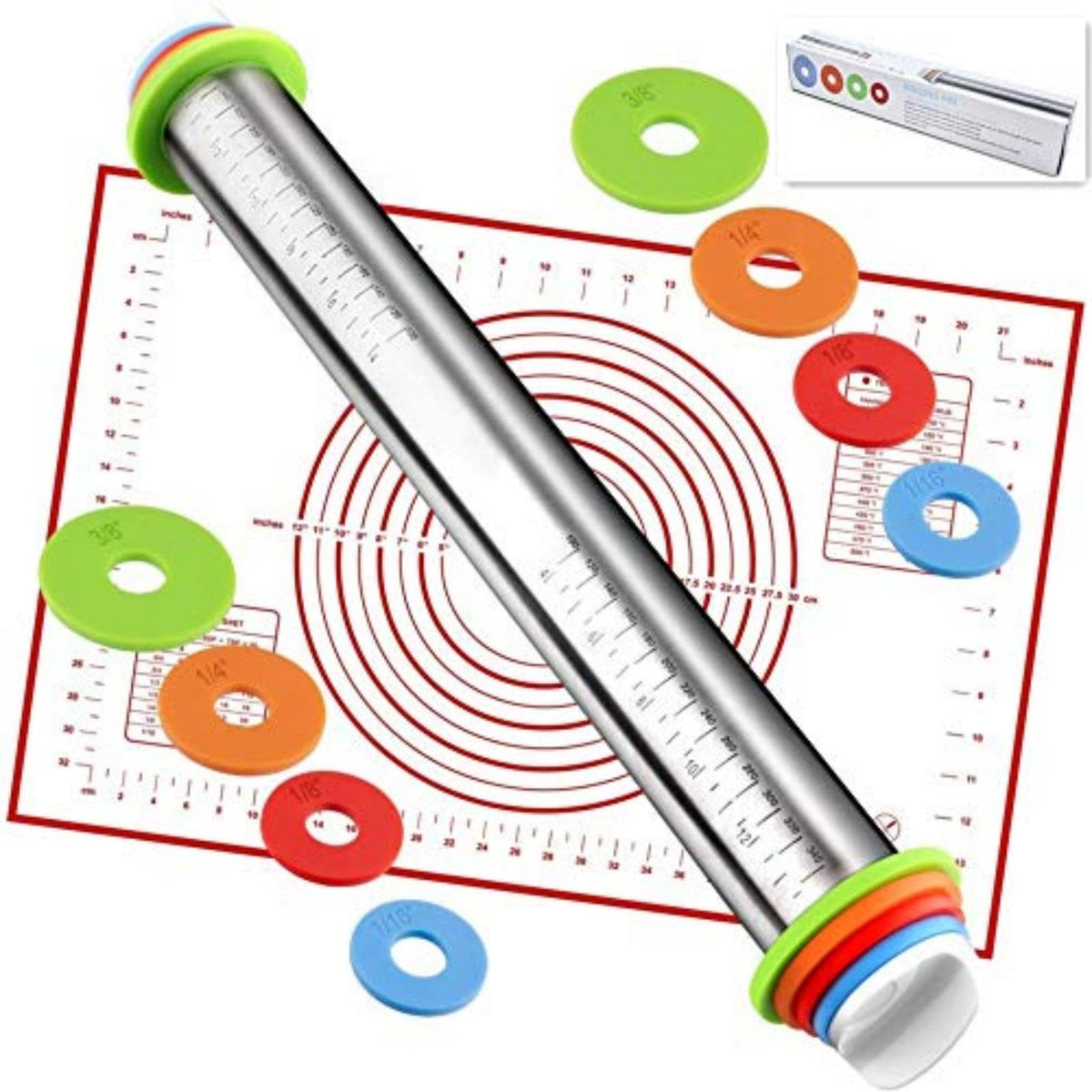 Adjustable Rolling Pin With Thickness Rings&Silicone Baking Pastry Mat Set