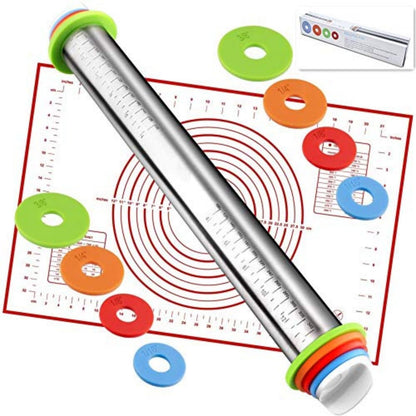 Adjustable Rolling Pin With Thickness Rings&Silicone Baking Pastry Mat Set