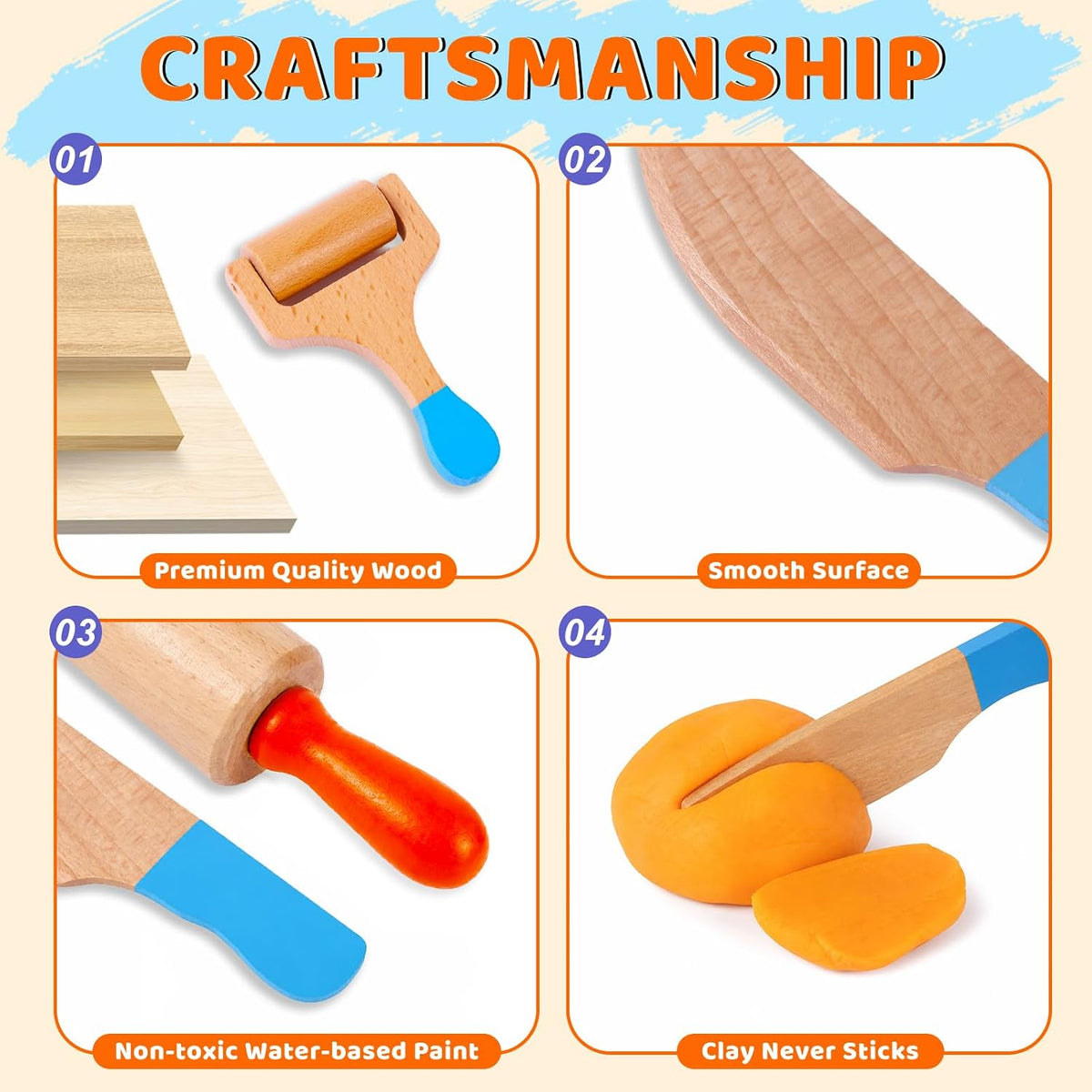 FIIOEOY Wooden Dough Tool Set for Kids, Dough Tools & Number Shape Stamps