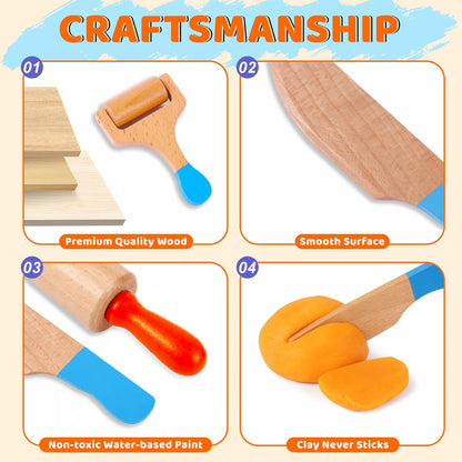 FIIOEOY Wooden Dough Tool Set for Kids, Dough Tools & Number Shape Stamps