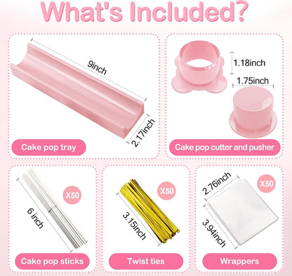 Round Cake Pop Mold Set with 50PCS Sticks Bags Ties,1.75 Inch Cake Pop Cutter and Pusher,Dishwasher Safe Baking Molds for Birthday Wedding Kids Party Desserts-Pink
