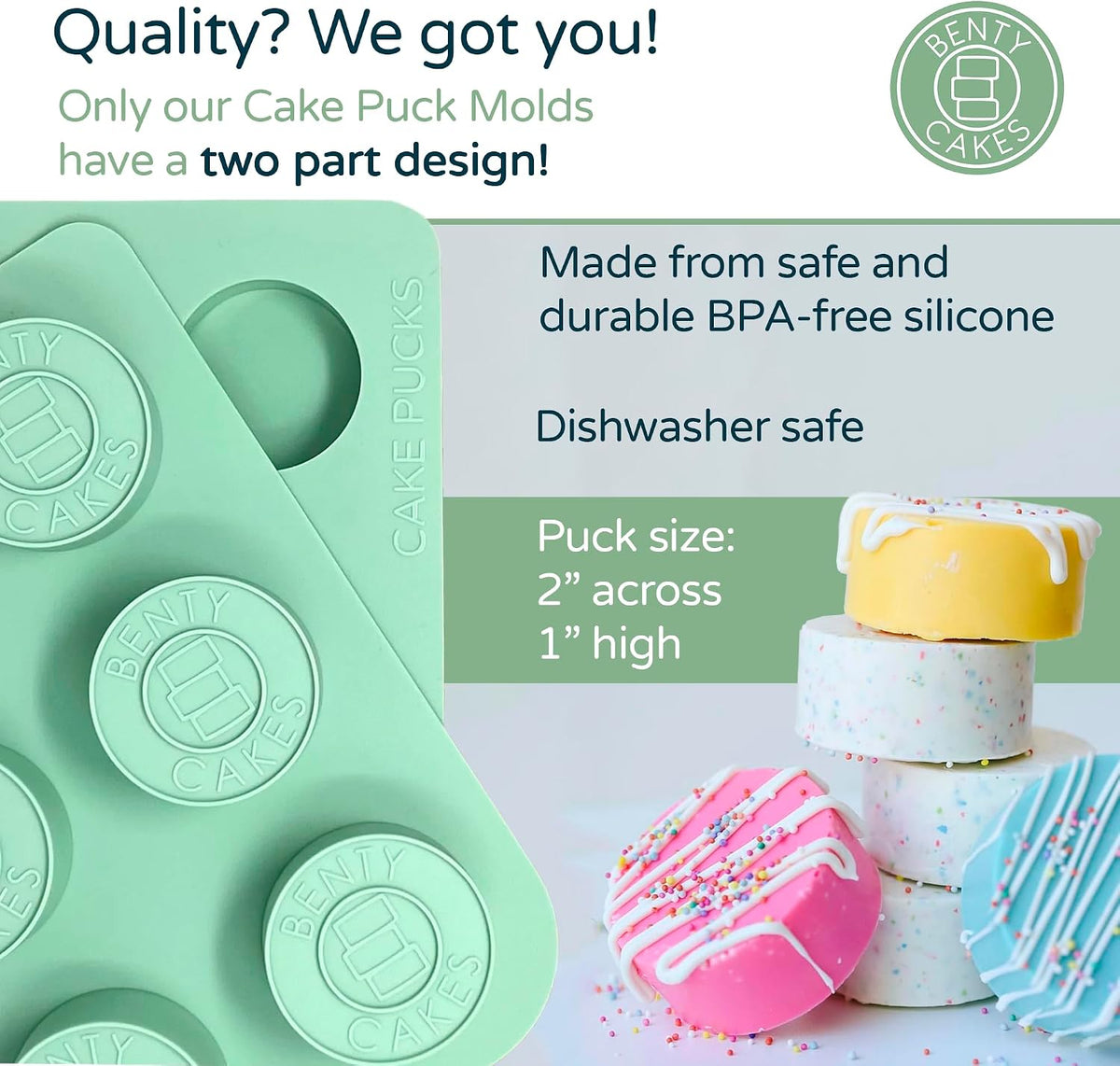 Benty Cakes – The Original Cake Puck Mold Set – Better than a Cake Pop! Make Chocolate Covered Desserts – BPA Free Silicone – Includes 1 Mold Set, 1 Plastic Tray and 1 Scraper – Green