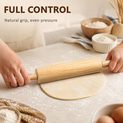 KARRYOUNG Natural Rubberwood Rolling Pin with Handles – Smooth Dough Roller for Pizza, Pie Crust, Cookies, Fondant & Tortillas – Durable Kitchen Baking Essential, Rodillo Para Masa