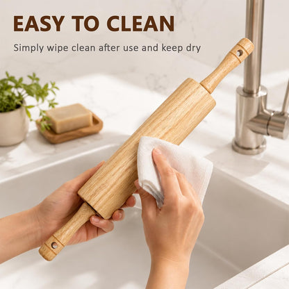 KARRYOUNG Natural Rubberwood Rolling Pin with Handles – Smooth Dough Roller for Pizza, Pie Crust, Cookies, Fondant & Tortillas – Durable Kitchen Baking Essential, Rodillo Para Masa