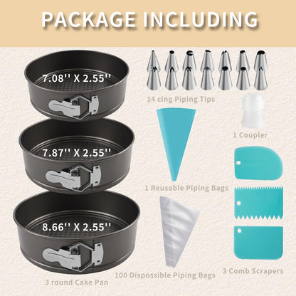 122PCs Cake Pan Sets for Baking, 7/8/9 Inch Round Cake Pans, Nonstick Springform Cake Pans, Cheesecake Baking Pans with 100 Pcs Piping Bags, 16 Pcs Nozzles, 3 Pcs Scrappers