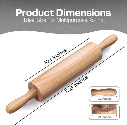 Wooden Rolling Pin, Beech Wood, 17.6" Dough Roller for Baking