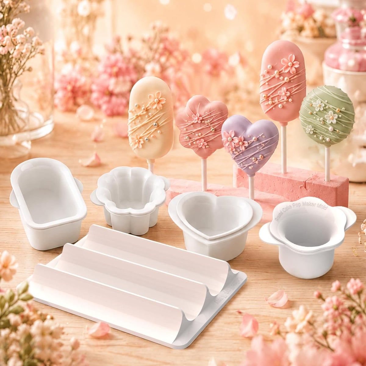 Cake Pop Molds Set, 4 Shapes with Tray, 100 Sticks Wrappers Ties