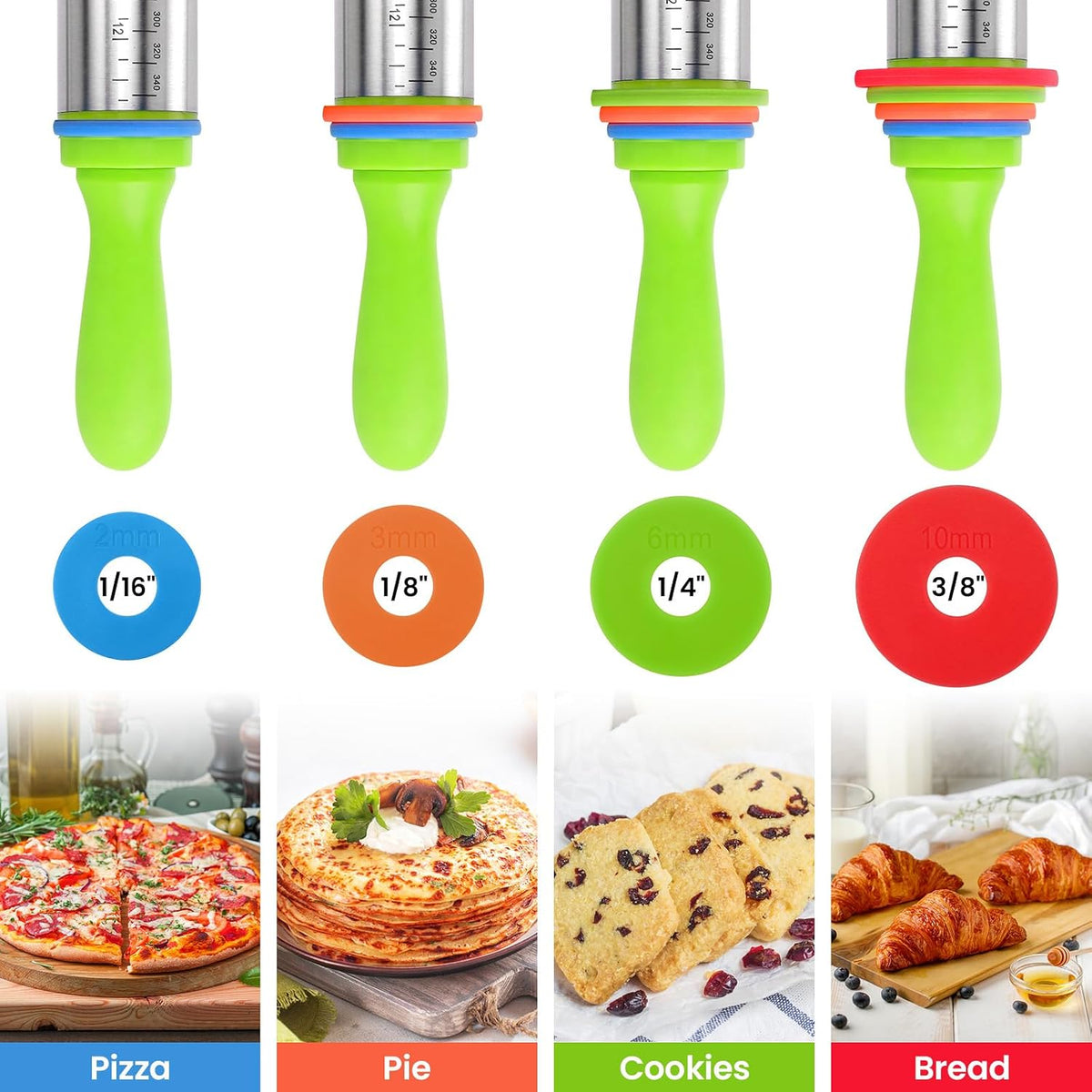 Stainless Steel Dough Roller Pins with Handle for Baking, Adjustable Rolling Pin with Thickness Rings for Cookie Decorating, Kitchen Baking Essential Tools for Fondant Cake Baker Pizza Cookie