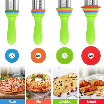 Stainless Steel Dough Roller Pins with Handle for Baking, Adjustable Rolling Pin with Thickness Rings for Cookie Decorating, Kitchen Baking Essential Tools for Fondant Cake Baker Pizza Cookie