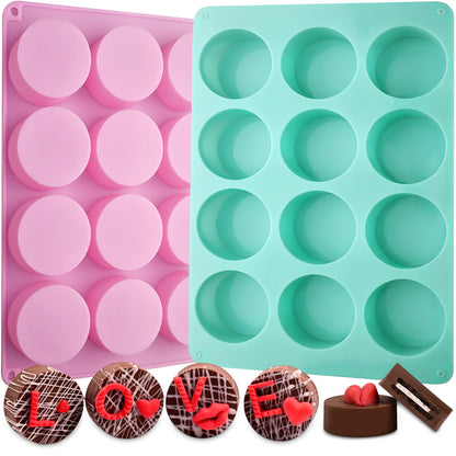 Actvty Chocolate Cover Cookie Silicone Molds, New Size 12-Cavity Round Silicone Molds for Chocolate Cover, Cylinder Baking Mold for Candy Mini Cakes Jelly Baking（2 Pack）