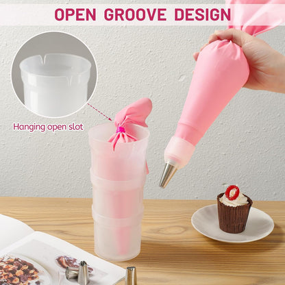 Piping Bag Holder Stand for Filling, Pastry Piping Bag Holder Stand, Clear Cream Icing Bag Holder with 2 Pack 14 Inch Reusable Piping Bags & 10Pcs Pastry Bag Ties
