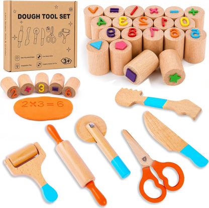 FIIOEOY Wooden Dough Tool Set for Kids, Dough Tools & Number Shape Stamps