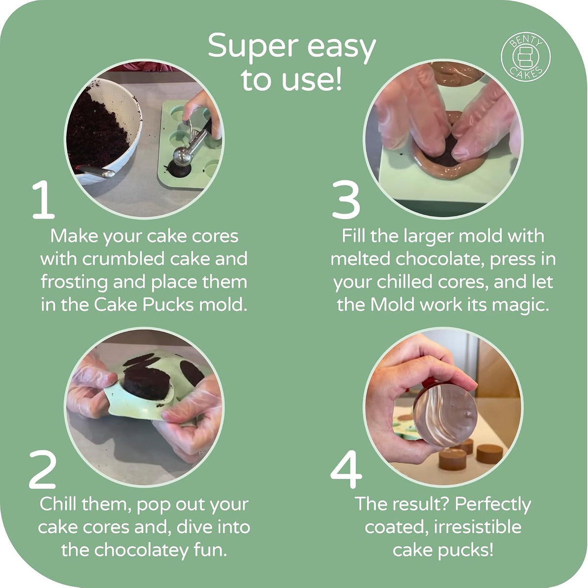 Benty Cakes – The Original Cake Puck Mold Set – Better than a Cake Pop! Make Chocolate Covered Desserts – BPA Free Silicone – Includes 1 Mold Set, 1 Plastic Tray and 1 Scraper – Green