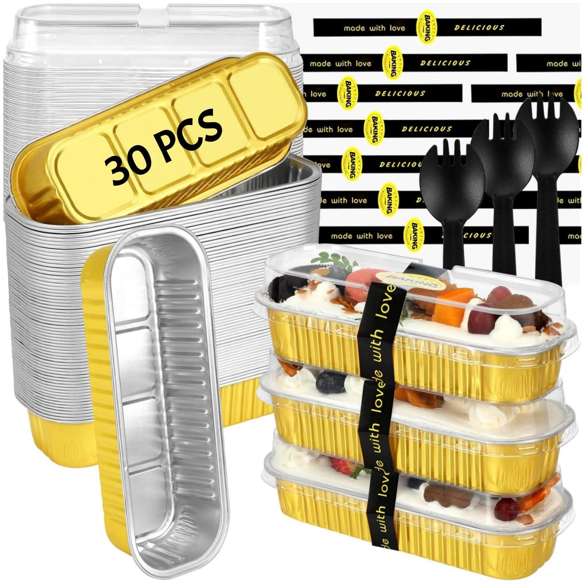 Mini Loaf Pans with Lids and Spoons Sealing Sticker,6.8oz Cake Pans for Baking Disposable Aluminum Foil Pink/Red cake pan (30, Pink)