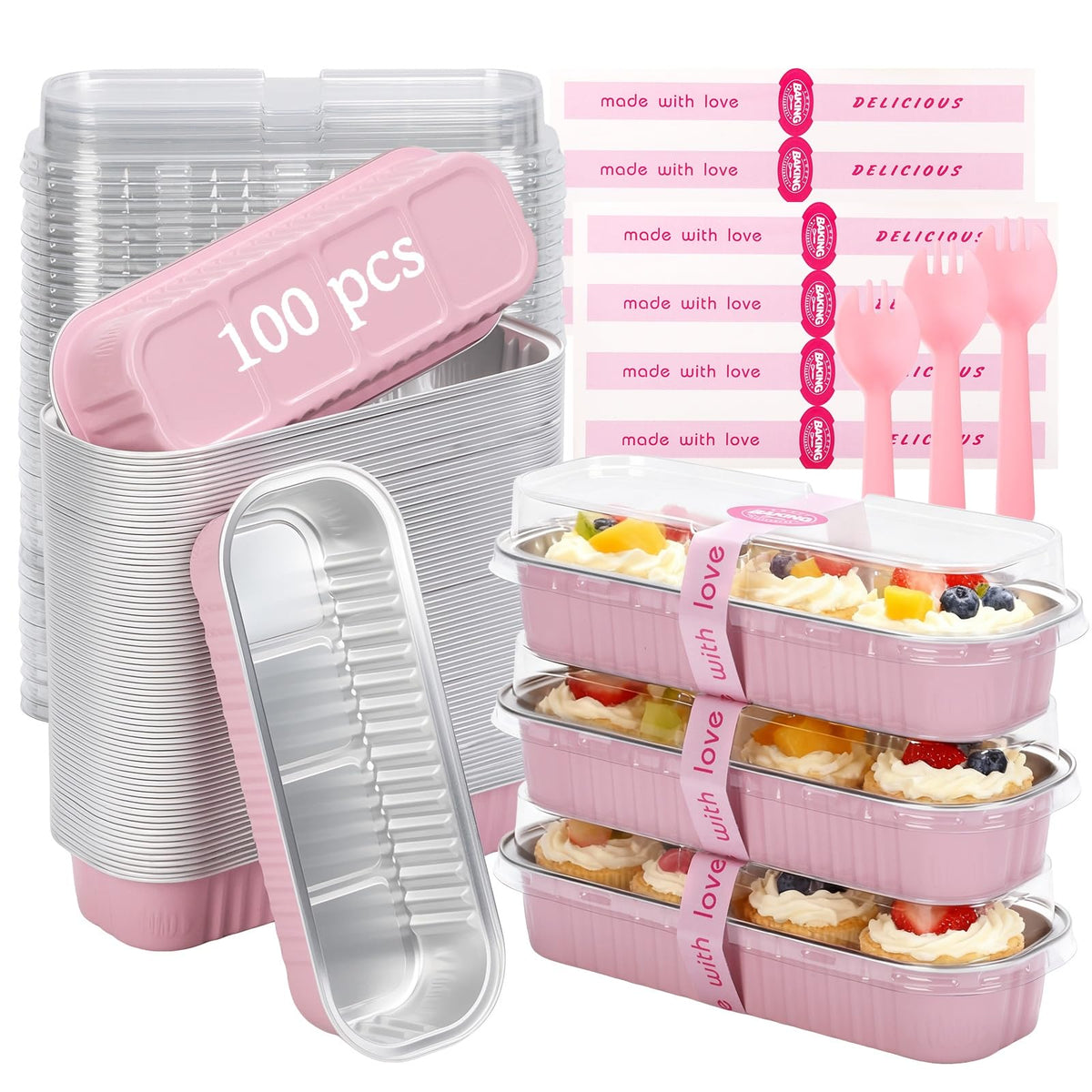 Mini Loaf Pans with Lids and Spoons Sealing Sticker,6.8oz Cake Pans for Baking Disposable Aluminum Foil Pink/Red cake pan (30, Pink)