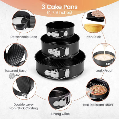 RFAQK 100pcs Cake Pan Sets for Baking + Cake Decorating Supplies: 3 Non-Stick Springform Pans Set (4, 7, 9 inches), Icing Tips, Cake Leveler – Multi-functional Leak-Proof CheeseCake Pan & eBook