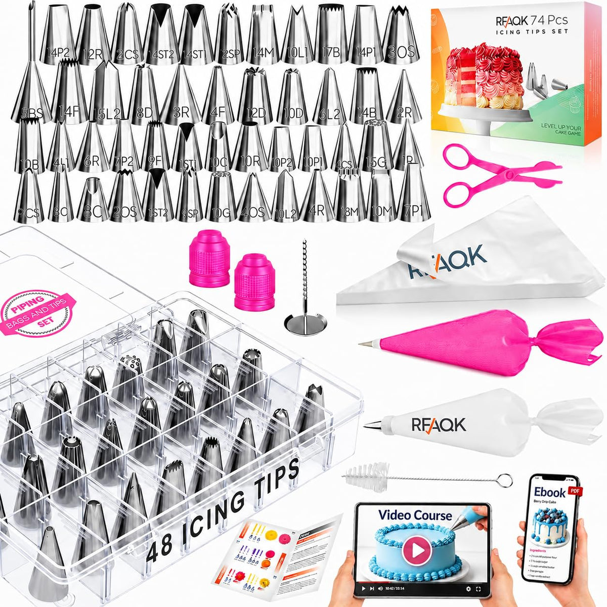 RFAQK 74PCs Icing Piping Bags and Tips Set, Cake Decorating Kit with 48-Numbered Piping Tips, 12inch Anti Burst Pastry Bags, Booklet, E-book & Complete Video Course for Cookie Cupcake Cake Decoration