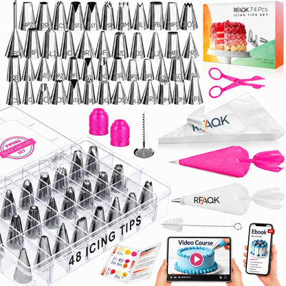 RFAQK 74PCs Icing Piping Bags and Tips Set, Cake Decorating Kit with 48-Numbered Piping Tips, 12inch Anti Burst Pastry Bags, Booklet, E-book & Complete Video Course for Cookie Cupcake Cake Decoration