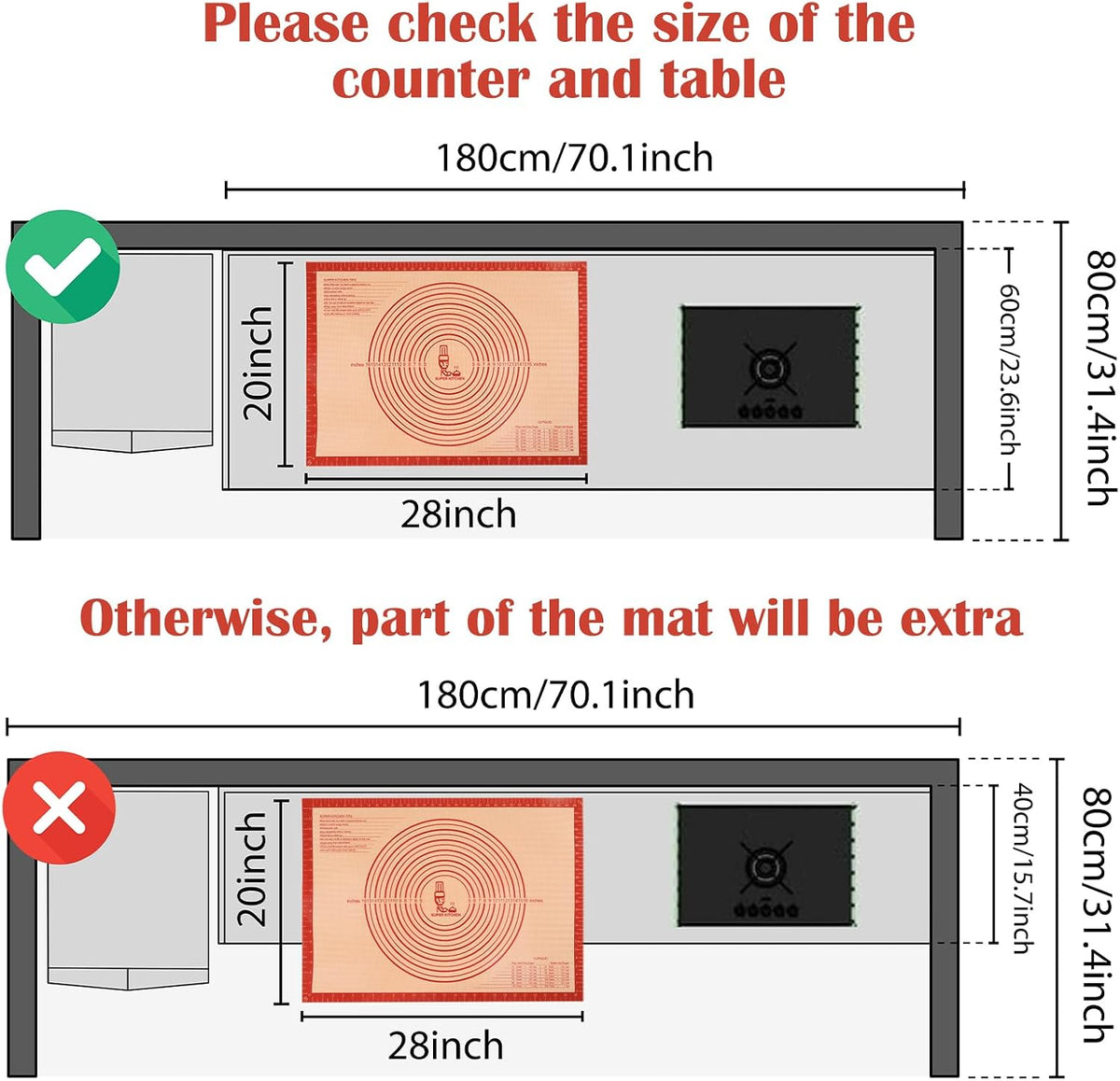 Non-slip Silicone Pastry Mat Extra Large Measurements 28''x 20'' Baking Mat