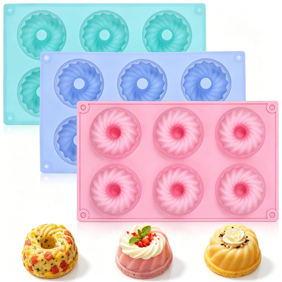 3 Pcs Silicone Mini Fluted Tube Cake Pans, 6‑Cavity Mini Cake Pans