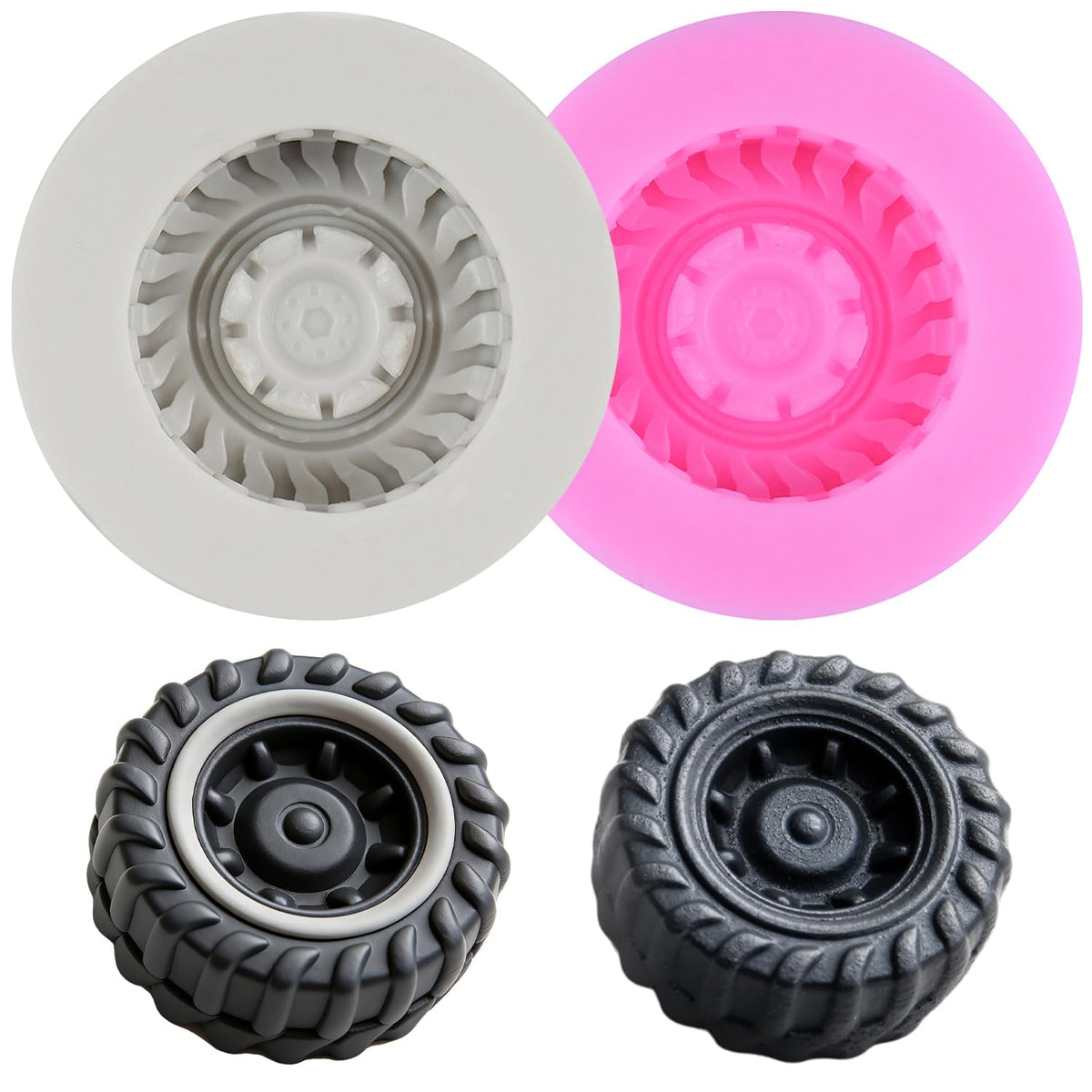 3D Round Tire Fondant Mold Truck Wheel Silicone Molds Set Of 2