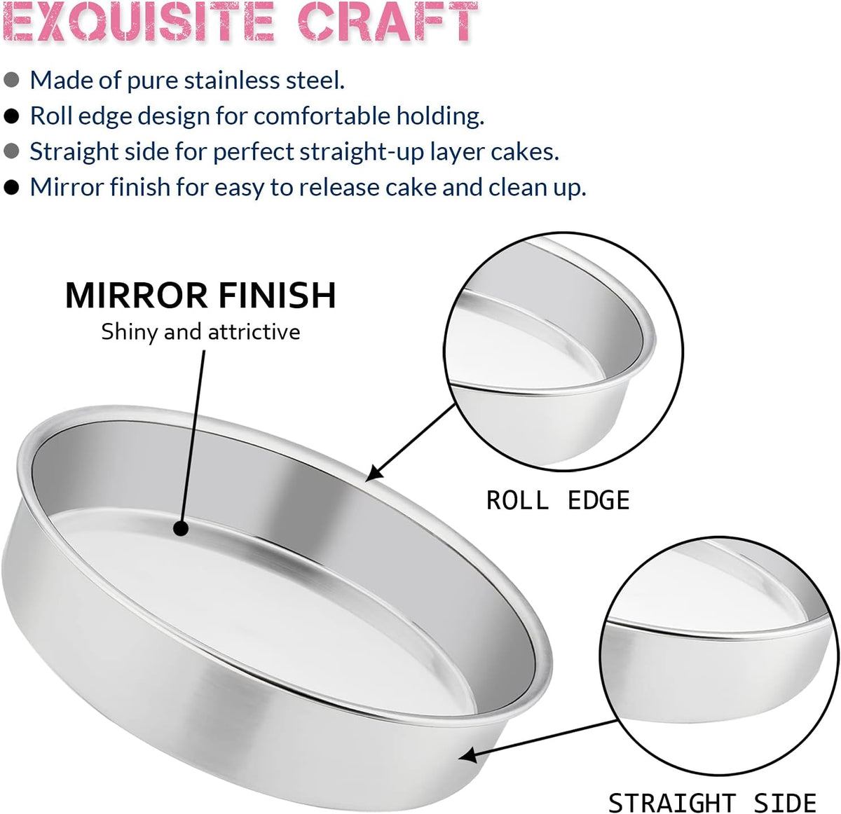 E-far 8 Inch Cake Pan Set of 3, Stainless Steel Round Layer Cake Baking Pans, Non-Toxic & Healthy, Mirror Finish & Dishwasher Safe